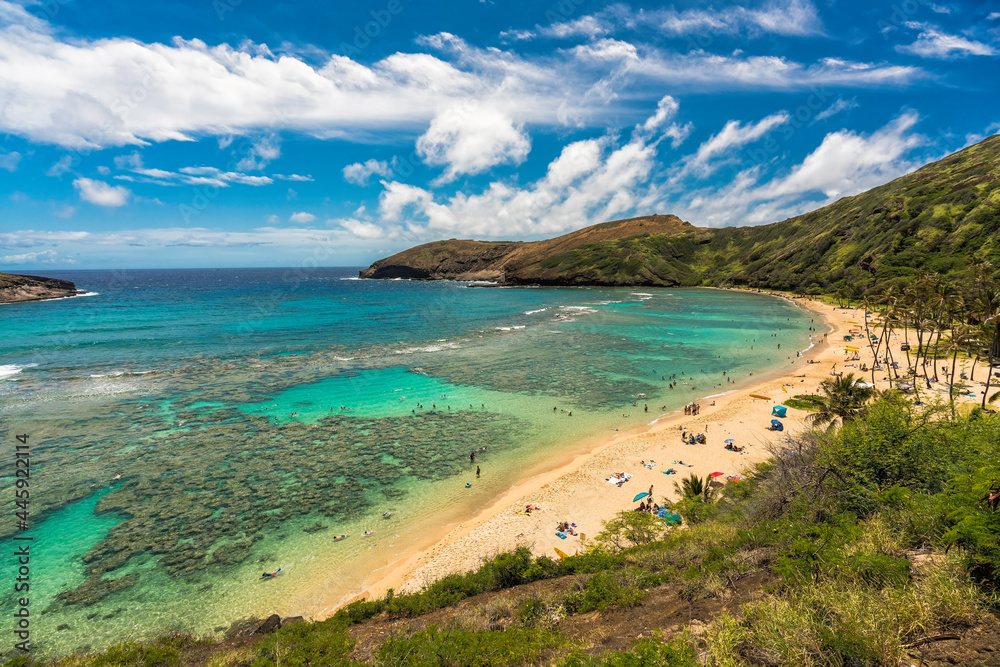 Aerial view of Hanauma Bay Beach and people relaxing and snorkeling in clear ocean water Aerial view of Hanauma Bay Beach and people relaxing and snorkeling in clear ocean water