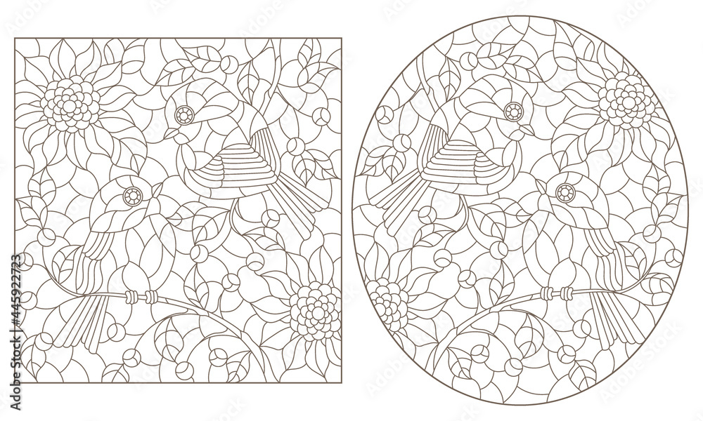 A set of contour illustrations in the style of stained glass with cute birds on branches and flowers, dark contours on a white background