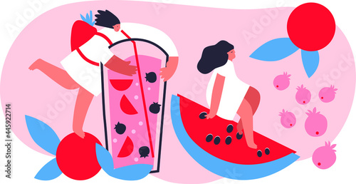 Juice summer party with flat people character, fruits, tropical fresh beverage. Tiny women and huge cocktail and berries for cartoon event. Fruit cold drink vector illustration. Summer party concept.