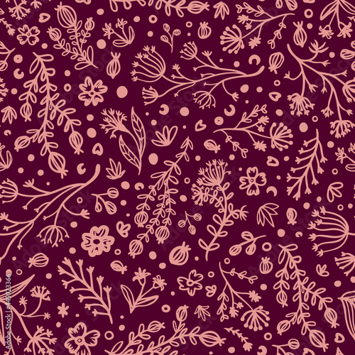 Botanical vector doodle illustrations seamless repeat pattern. Random placed  flowers  herbs  branches  leaves  plants  bushes  dots  circles and hearts all over surface print on dark red background.