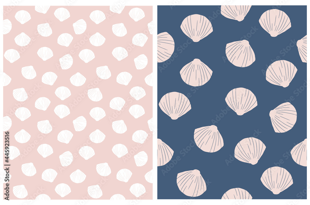Abstract Seamless Vector Patterns with Irregular Hand Drawn Little Shells Isolated on a Dark Blue and Pastel Pink Background. Infantile Style Marine Party Print. Abstract Seamless Vector Patterns with Irregular Hand Drawn Little Shells Isolated on a Dark Blue and Pastel Pink Background. Infantile Style Marine Party Print.