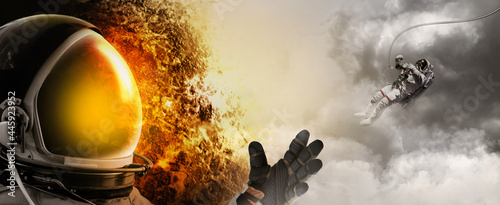 Astronaut flying on Unexplored world with the storm grey sky background. 3D illustration. Elements of this Image Furnished by NASA.
