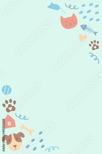 Vertical frame with pets and their objects on a blue background. Vector illustration in a hand-drawn style. It is perfect as a template for advertising leaflets or ads for a Animal Shelter