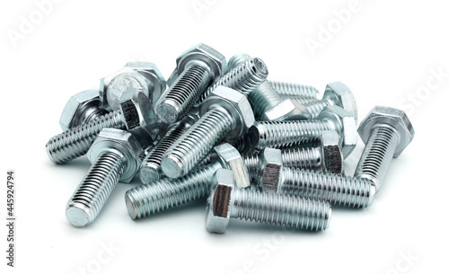 steel galvanized bolts with hex heads isolated on white background