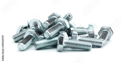 steel galvanized bolts with hex heads isolated on white background