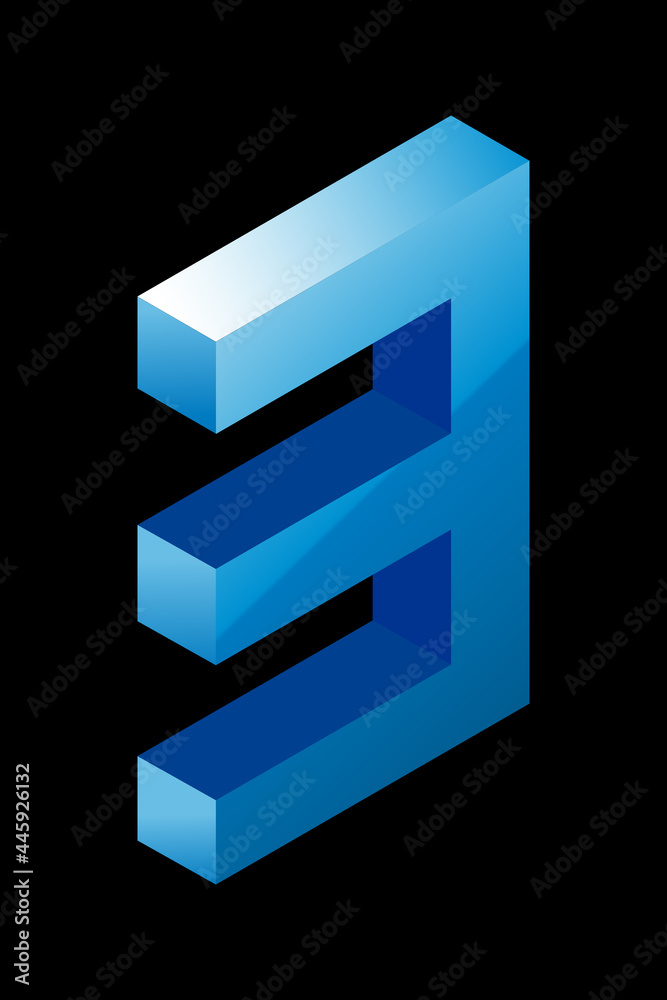 Gradient blue number 3 in isometric style. Isolated on black background. Water texture Gradient blue number 3 in isometric style. Isolated on black background. Water texture