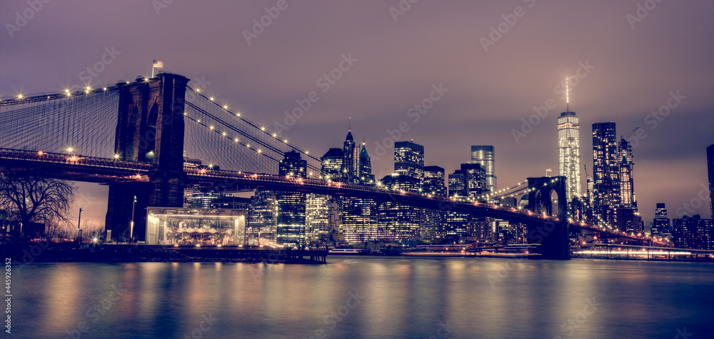 Brooklyn bridge at dusk, New York City.