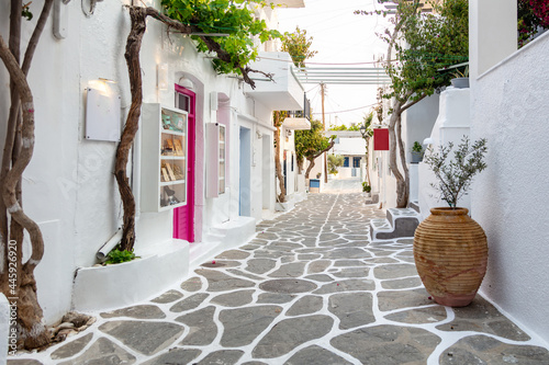 Paros island, Greece. Whitewashed buildings, narrow cobblestone streets photo