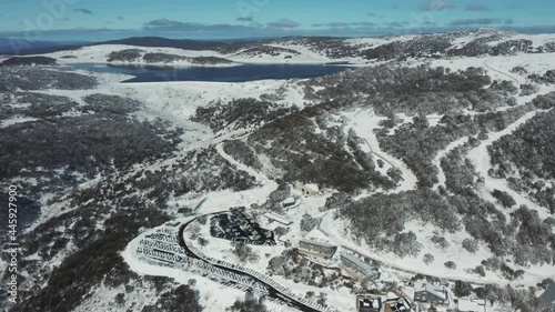 An aerial shot of Falls Creek, along the ski resort, VIC Australia