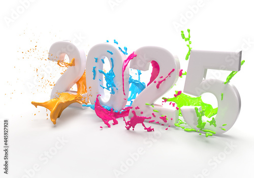 Paint 2025 new year holiday number in splash of colorful painting on a white background.