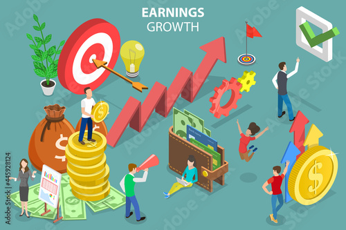3D Isometric Flat Vector Conceptual Illustration of Earnings Growth, Investment Management