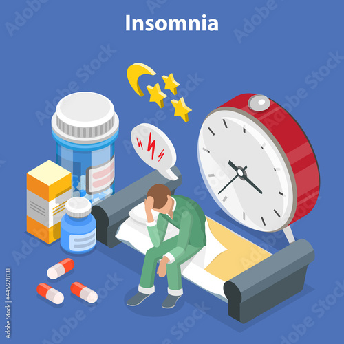3D Isometric Flat Vector Conceptual Illustration of Insomnia, Stress, Depression and Sleeping Problems