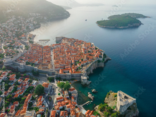 Aerial view of the old town of Dubrovnik, Croatia with rooftops and Adriatic sea made with from drone