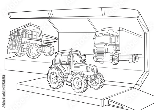 car show.Truck, mining dump truck, tractor.Coloring pages. Outline drawing