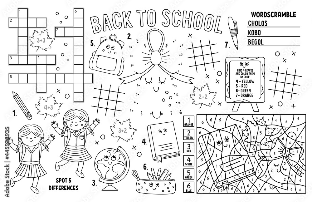 Vector back to school placemat for kids. Fall printable activity mat with maze, tic tac toe charts, connect the dots, crossword. Black and white autumn play mat or coloring page with teacher