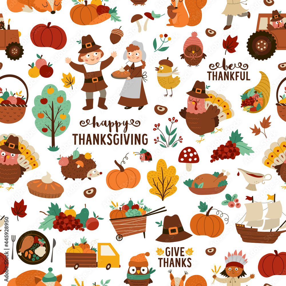 Vector Thanksgiving seamless pattern. Autumn repeat background with funny pilgrims, native American, turkey, animals, harvest, cornucopia, pumpkins, trees. Fall holiday digital paper.