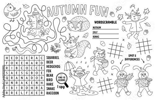 Vector autumn placemat for kids. Fall printable activity mat with maze, tic tac toe charts, connect the dots, find difference, crossword. Black and white play mat or coloring page with animals.