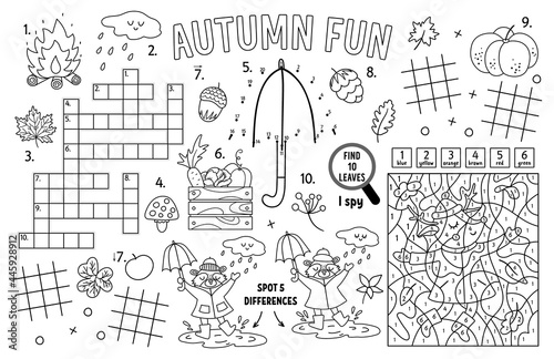 Vector autumn placemat for kids. Fall printable activity mat with maze, tic tac toe charts, connect the dots, find difference, crossword. Black and white play mat or coloring page with animals.