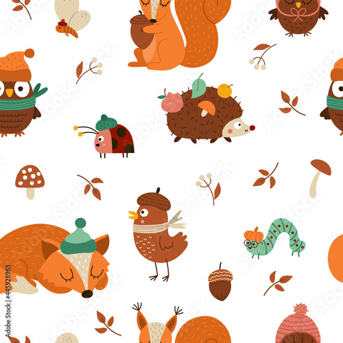 Vector Autumn forest animals and insects seamless pattern. Cute repeat background with hedgehog, squirrel, fox, bird, owl in hat and scarf. Vector fall or Thanksgiving characters digital paper.