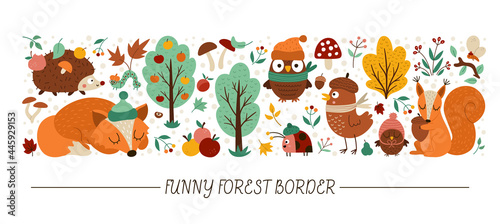 Vector horizontal border set with cute animals and autumn forest elements. Thanksgiving card template design with woodland characters, birds, insects. Funny fall border with hedgehog, fox, squirrel..