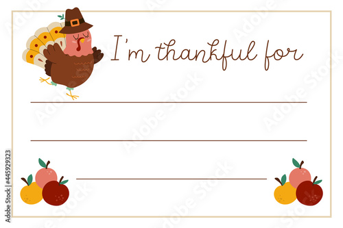 Vector Thanksgiving card. Im thankful for horizontal letter template with cute turkey, owl, hedgehog. Autumn holiday frame designs for kids..