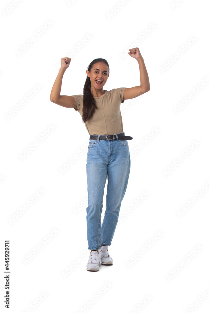 Happy girl wearing with fists up