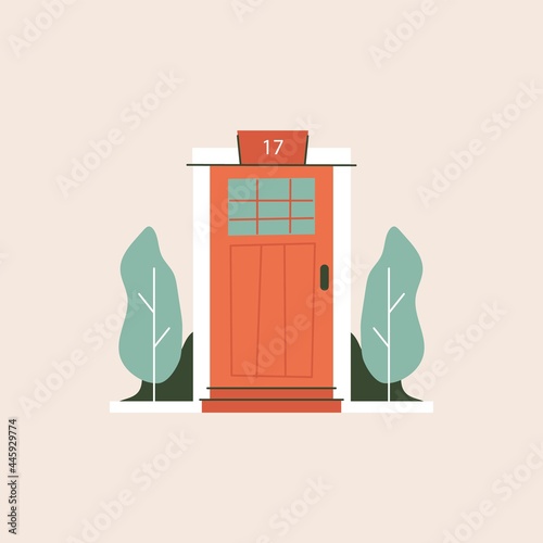 Modern front house door. Abstract hand drawn retro doorstep home entrance with plants. Vector illustration