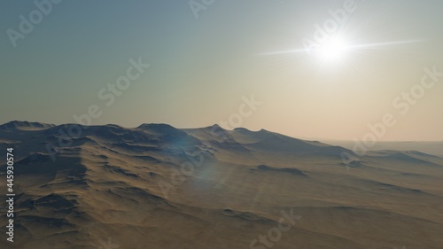 realistic surface of an alien planet  view from the surface of an exo-planet  canyons on an alien planet  stone planet  desert planet 3d render