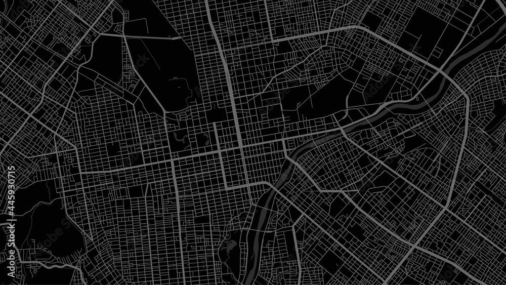 Map of Sapporo city, Japan. Horizontal background map poster dark, 1920 1080 proportions.