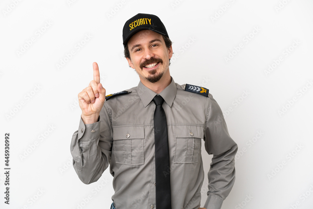 Young caucasian security man isolated on white background showing and lifting a finger in sign of the best Young caucasian security man isolated on white background showing and lifting a finger in sign of the best