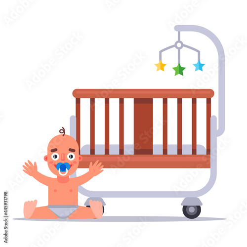 baby wooden crib for a newborn toddler. flat vector illustration.