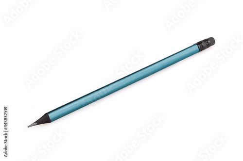 Cyan ebony pencil isolated on white background. A simple pencil with an eraser. Office tools. Close-up. Full depth of field.