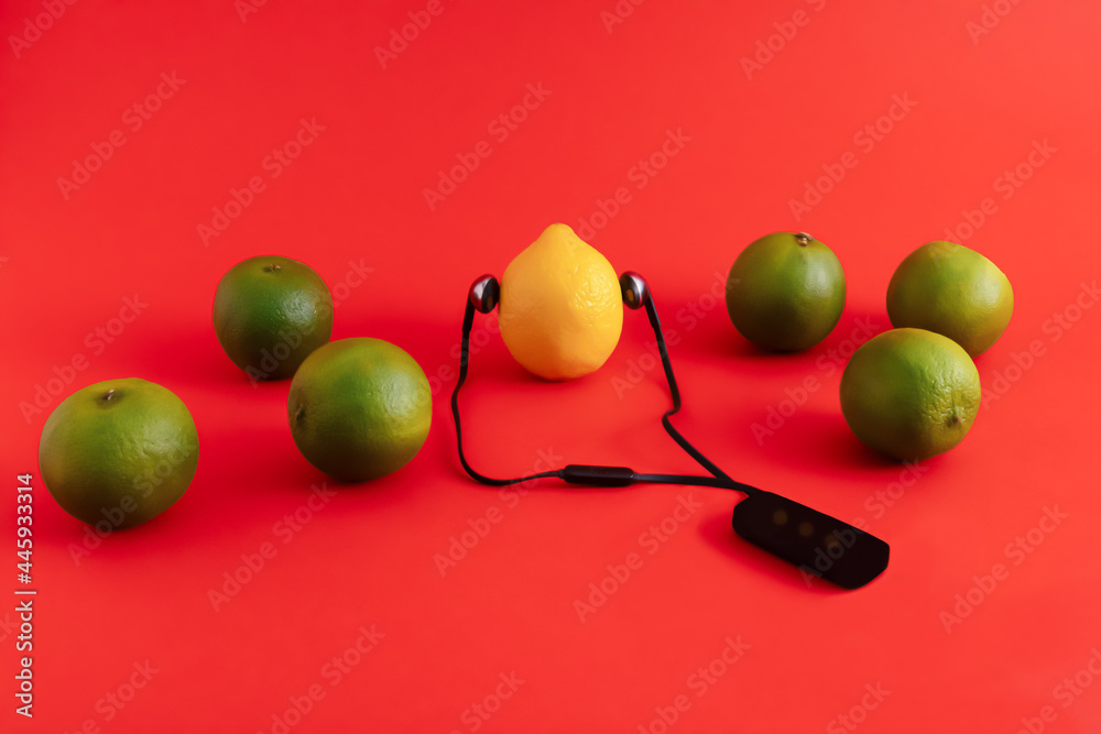 Green and yellow citrus fruit, lemon with a headset and standing out from the group of limes, on red background Green and yellow citrus fruit, lemon with a headset and standing out from the group of limes, on red background