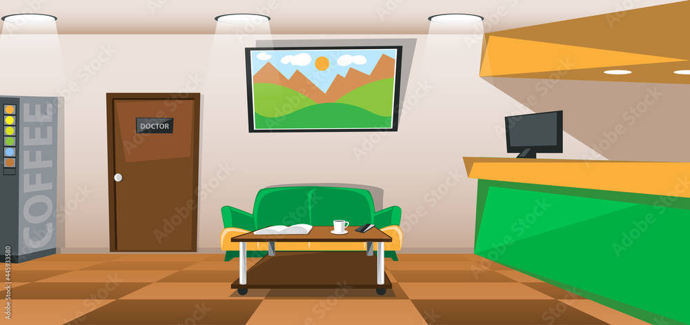 Empty waiting room in a hospital with a reception. Modern interior at the  doctor office. The best medical care. Cartoon vector illustration  Stock-Vektorgrafik | Adobe Stock