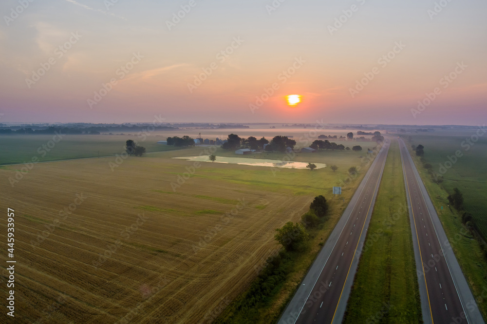 Aerial view with beautiful misty sunrise landscape foggy morning at scenic meadow