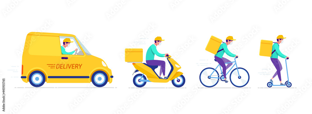 Delivery man courier driving moto scooter, bicycle, car vector illustration. Yellow delivery  vehicle. Concept Online express delivery service and online order tracking