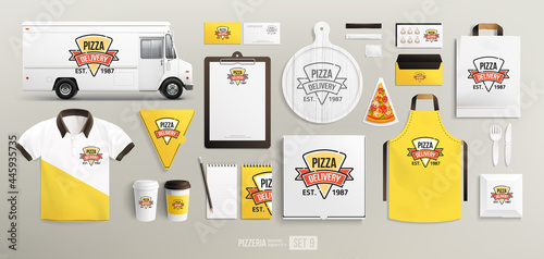 Pizza restaurant Corporate Brand identity template with Pizza Delivery logo and cafe equipment. White and Yellow MockUp set for Pizzeria Shop corporate identity. White vector food truck