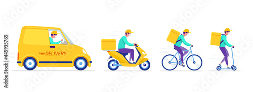 Delivery man courier driving moto scooter, bicycle, car vector illustration. Yellow delivery  vehicle. Concept Online express delivery service and online order tracking