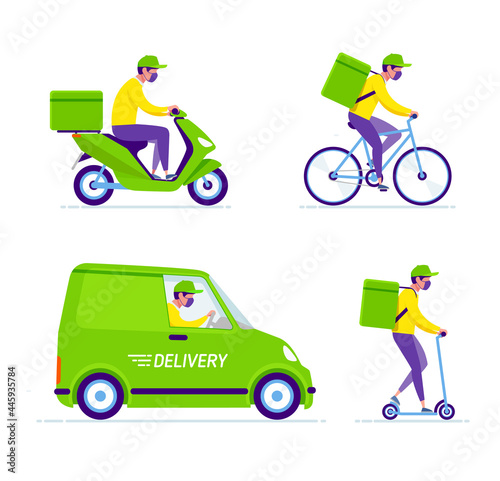 Courier in respiratory mask driving bicycle, moto scooter, delivery vehicle. Vector illustration. Online order and food or product delivery. Coronavirus, covid-19 quarantine  express delivery concept 
