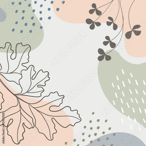 Botanical art. Abstract organic vector shapes  leaves  plants. Natural template in doodle style for social media post  cover  poster  greeting card  background. Modern graphics for holiday  business. 