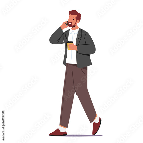 Business Man Drinking Coffee from Disposable Cup and Talk by Smartphone. Young Businessman Character Drink Refreshment