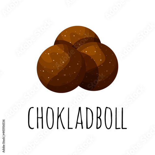 Chocolate ball or Swedish chokladboll. Traditional swedish sweets. Vector illustration in the cartoon style.
