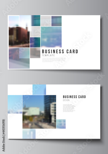 Vector layout of two creative business cards design templates  horizontal template vector design. Abstract design project in geometric style with blue squares.