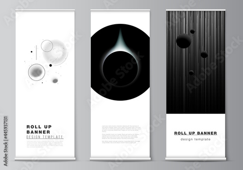 Vector layout of roll up mockup design templates for vertical flyers, flags design templates, banner stands, advertising design mockups. Tech science future background, space design astronomy concept.