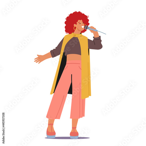 Woman on Stage Holding Microphone Singing Song at Karaoke Bar or Night Club. Vocalist Female Character Singer Hobby