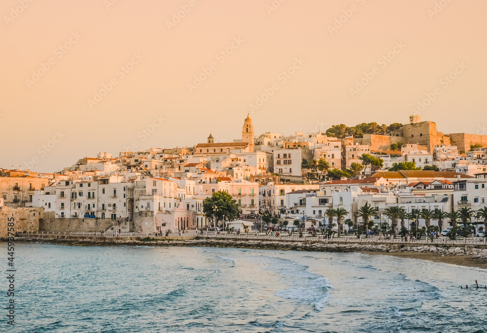 Vieste white town panoramic view at sunset, Apulia, South Italy.