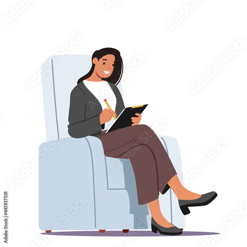 Businesswoman Wearing Formal Wear Sitting in Armchair Writing Paper Document, Read Applicant Cv, Conduct Interview