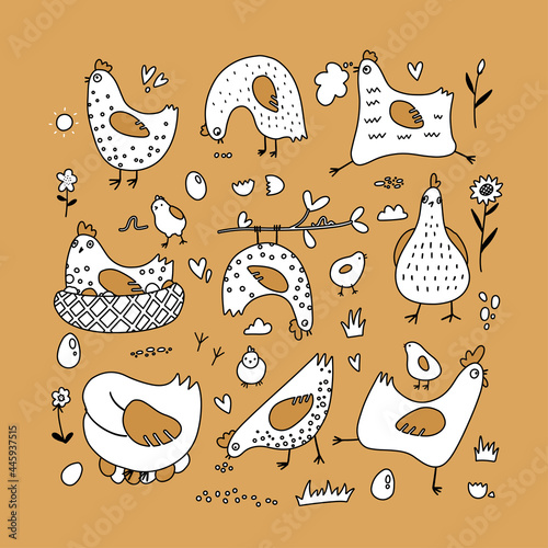 Cute cartoon rooster, chicken and hen family collection. Farm stickers set in doodle sketchy style on color background. Childish print for nursery, kids apparel, poster, postcard. Vector Illustration