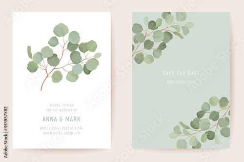 Wedding eucalyptus, green leaf branches floral Save the Date set. Vector exotic leaves greenery boho invitation