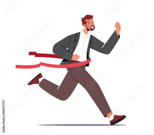 Business Man in Formal Suit Crossing Finish Line of Racing Track. Businessman Characters Winner in Competition, Win
